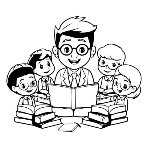 teacher with students boys and books vector illustration graphic