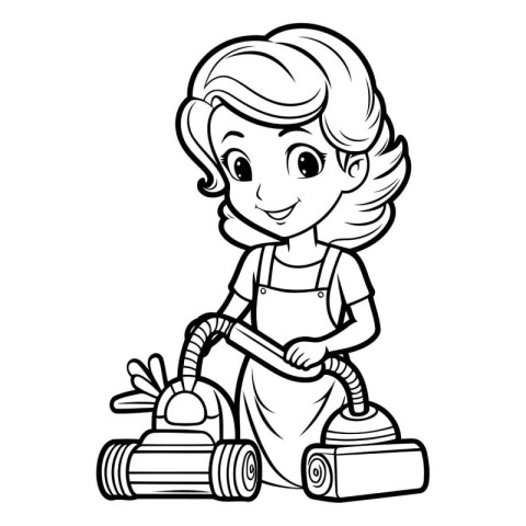 Coloring book for children: girl with vacuum cleaner. Vector ill