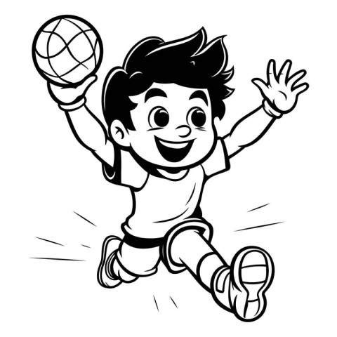 Cartoon soccer player jumping with ball. Vector illustration rea