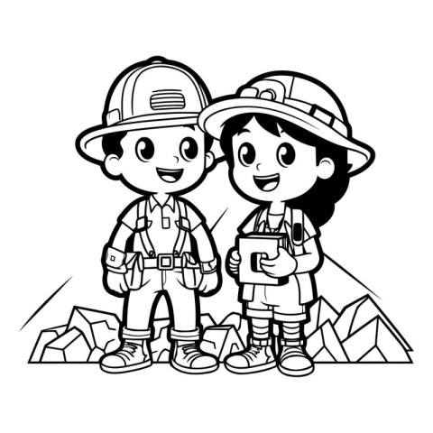 Outline of a little boy and a girl dressed as a miner