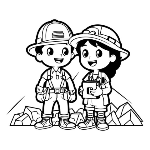 Outline of a little boy and a girl dressed as a miner