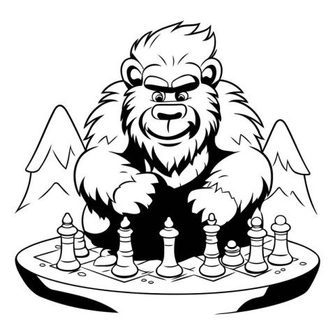 Mascot illustration of a gorilla playing chess on a board.