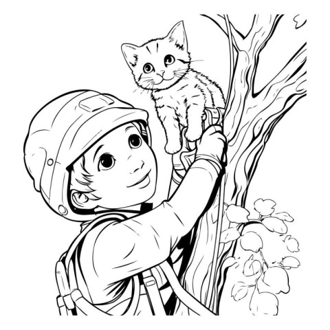 Boy with a cat in his arms. Black and white vector illustration