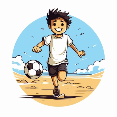 Boy playing soccer on the beach. Vector illustration in cartoon