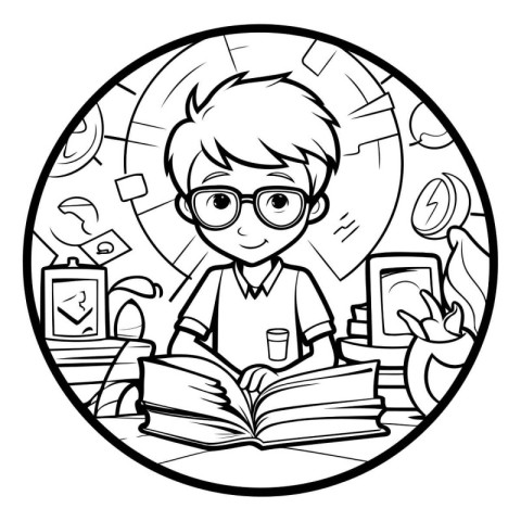 Black and white illustration of a boy reading a book in a circle