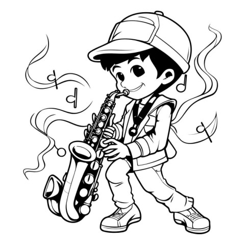 Boy with saxophone - black and white vector illustration for col