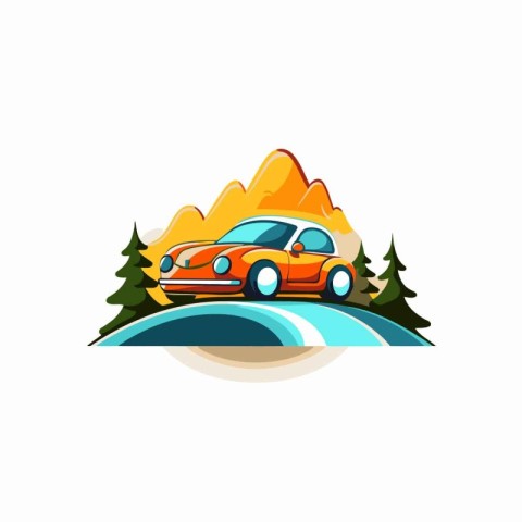 Car on the road in the mountains. Vector illustration. flat desi