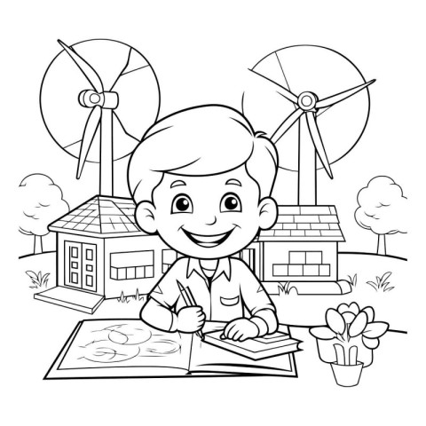 Black and White Cartoon Illustration of Kid Boy Studying or Doin