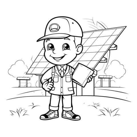 Black and White Cartoon Illustration of a Kid Boy Holding a Sola