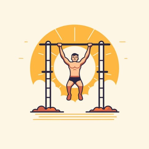 Man doing pull-ups on horizontal bar. Flat style vector illustra