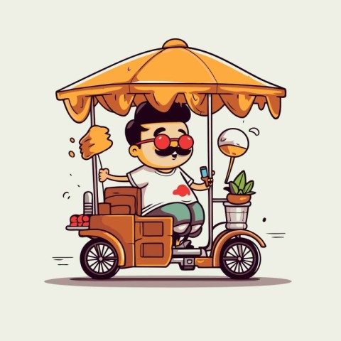 Cute cartoon boy riding a tuk tuk. Vector illustration.