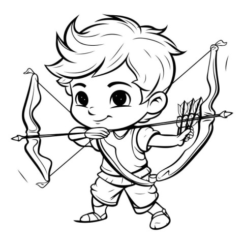 Cute boy with bow and arrow - black and white illustration.