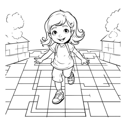 Coloring Page Outline Of a Cute Little Girl Running on the Stree