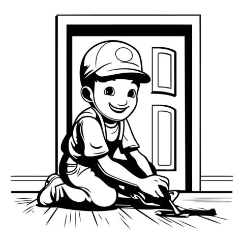 Cartoon Illustration of a Boy Plumber Repairing a Door