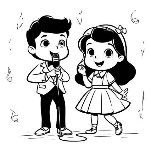 Cute cartoon boy and girl singing karaoke. Vector illustration.