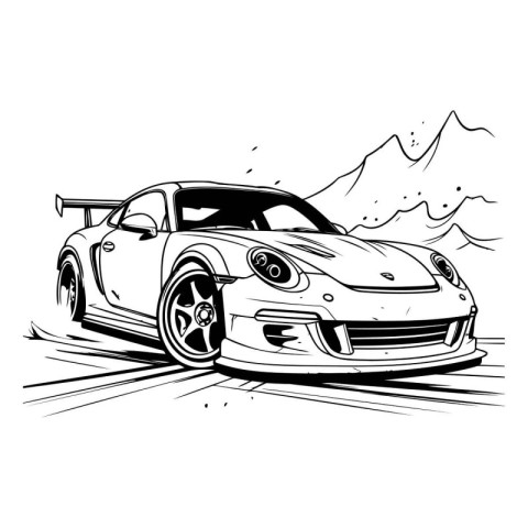 Black and white vector illustration of a sports car on the road.