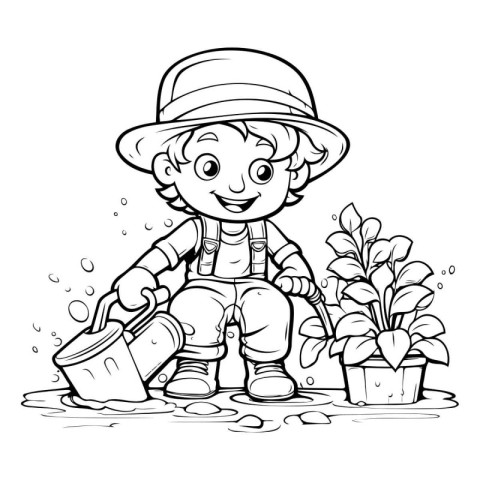 Illustration of a Cute Little Boy Watering The Plants - Coloring