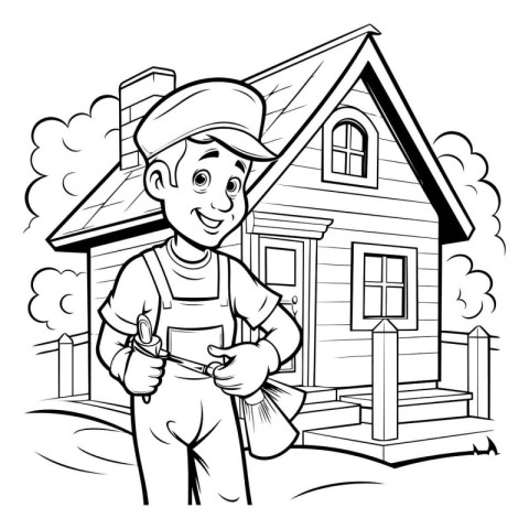 Black and White Cartoon Illustration of Carpenter or Plumber Cha