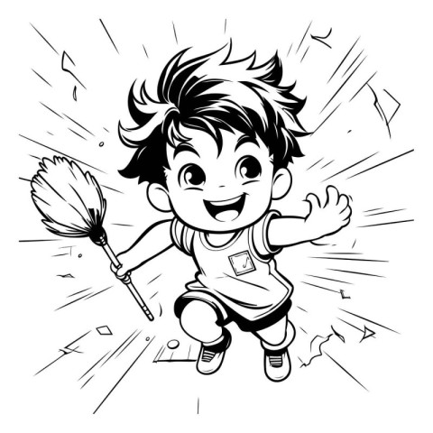 Black and White Cartoon Illustration of a Kid Playing Badminton