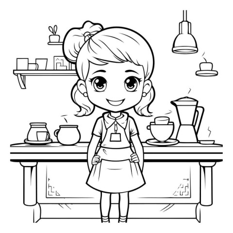 Cute little girl barista in cafe cartoon vector illustration gra