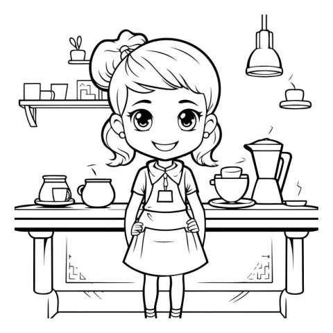 Cute little girl barista in cafe cartoon vector illustration gra
