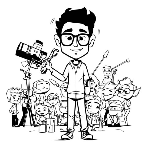 Cartoon Illustration of Movie Cameraman or Journalist Character