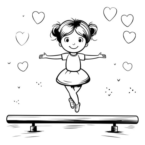 Little girl jumping on a skateboard. Black and white vector illu