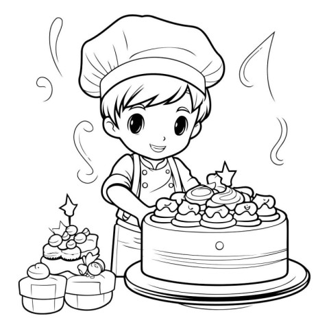 Cute boy chef with cake. Vector illustration for coloring book.