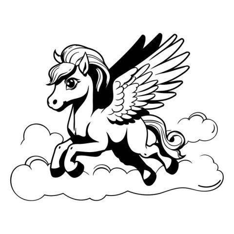 Horse with wings on the cloud. Black and white vector illustrati