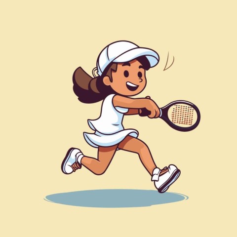 Cartoon illustration of a little girl playing tennis. Vector ill