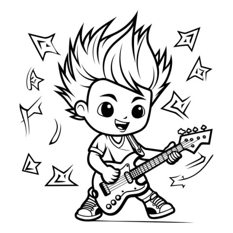 Black and White Cartoon Illustration of Cute Boy Playing Electri