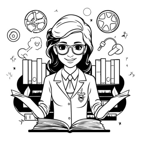 Vector black and white illustration of a female scientist readin