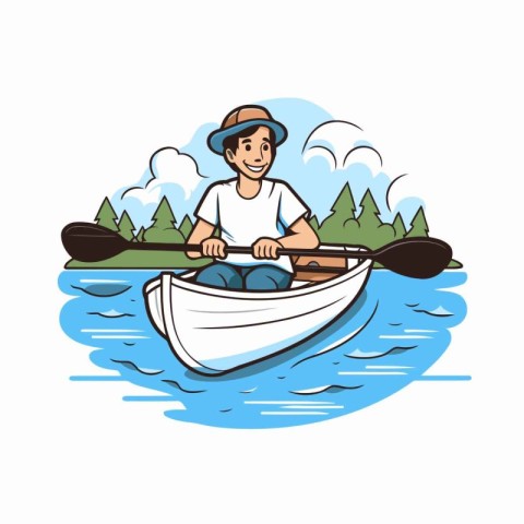 Man rowing a boat on the river. Vector illustration in cartoon s