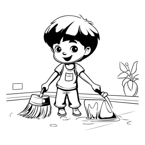 Boy sweeping the floor with a broom. black and white vector illu