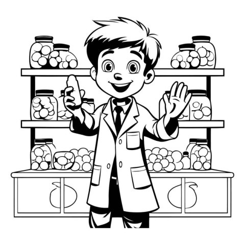 Cute kid boy in a grocery store. Black and white vector illustra