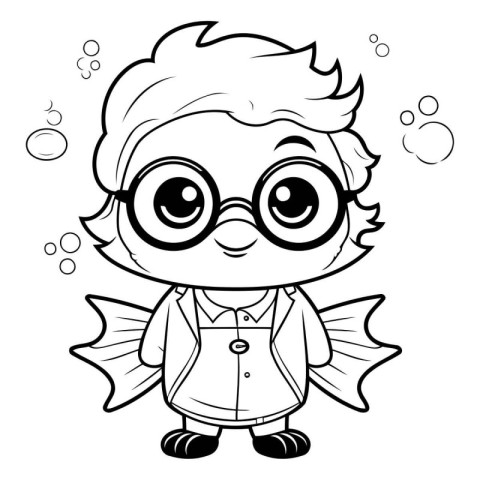 Black and White Cartoon Illustration of Cute Little Boy in Glass