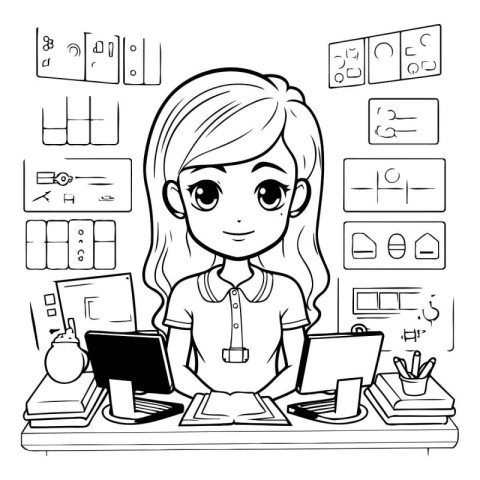 Black and white vector illustration of a schoolgirl sitting at h