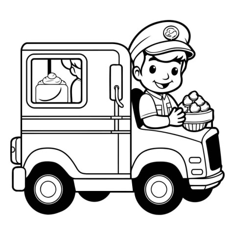 Food truck with a boy and ice cream. Black and white vector illu