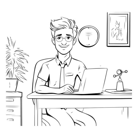 Man working on laptop at home office. Black and white vector ill