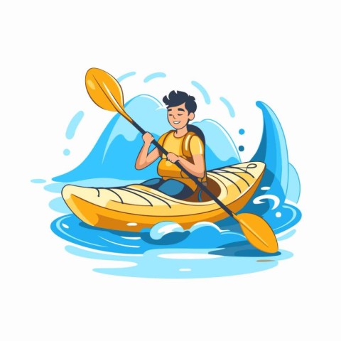 Man paddling a kayak on a river. Vector illustration.