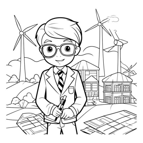 Black and White Cartoon Illustration of Engineer or Technician C