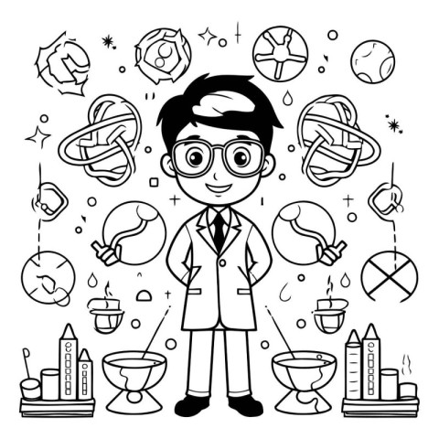 Black and white vector illustration of a boy in a science class.