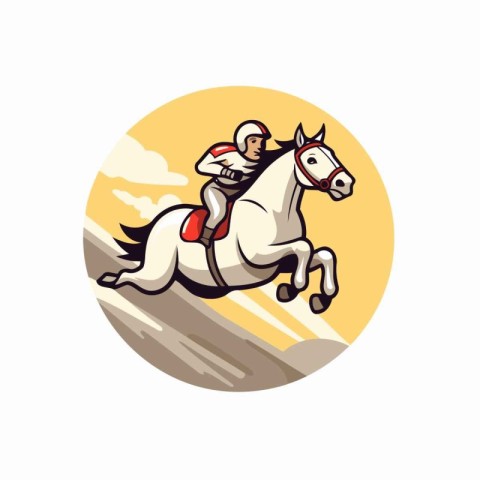 Horseman riding on white horse. Vector illustration in retro sty