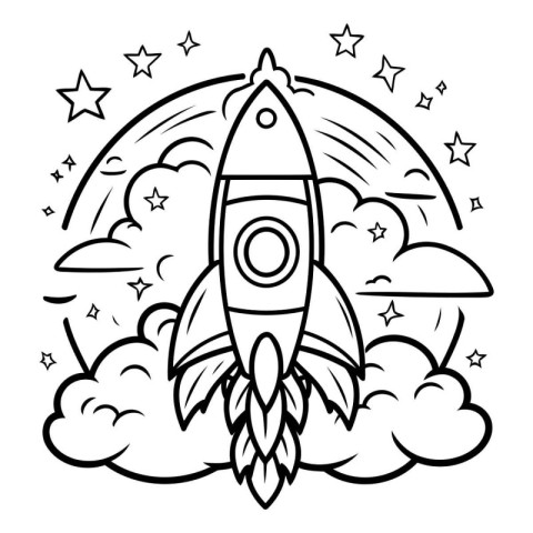 Coloring book for children: rocket in the clouds. Vector illustr