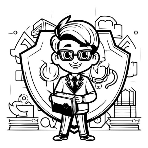 Black and White Cartoon Illustration of Kid Boy Student or Schoo