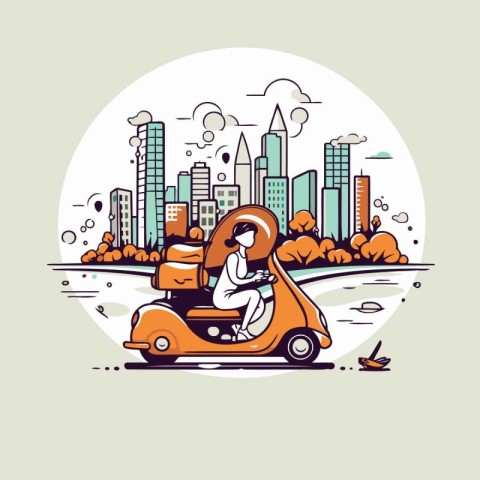 Young woman driving a scooter in the city. Vector illustration.