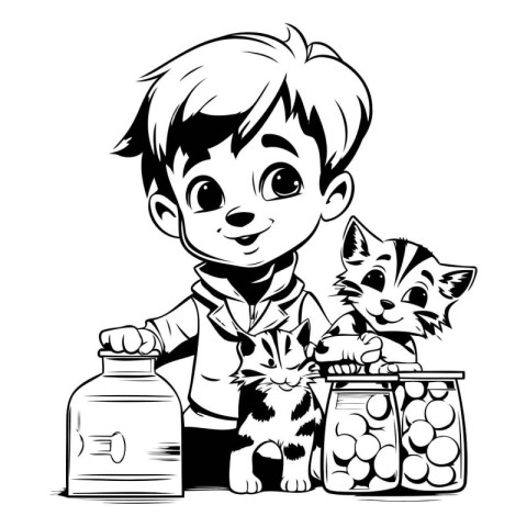 Little boy with a kitten and a jar of food. vector illustration