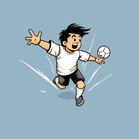 Cartoon soccer player kicking the ball. Vector illustration in c