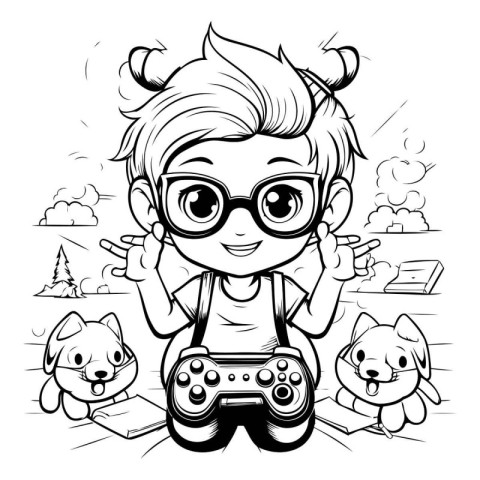 Girl playing video games with her pets - black and white vector