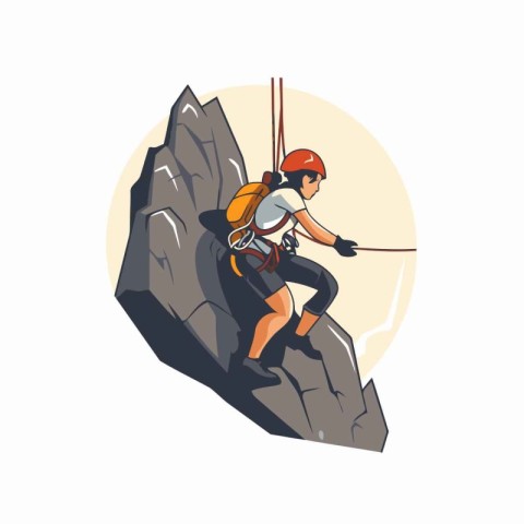 Female climber climbing on a cliff. Vector illustration in carto